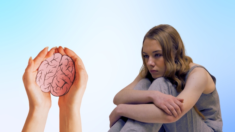 A Sad Teenage Girl Sitting with Her Knees Drawn Up, Alongside an Illustration of Hands Holding a Brain, Symbolizing Mental Health Disorders in Adolescents