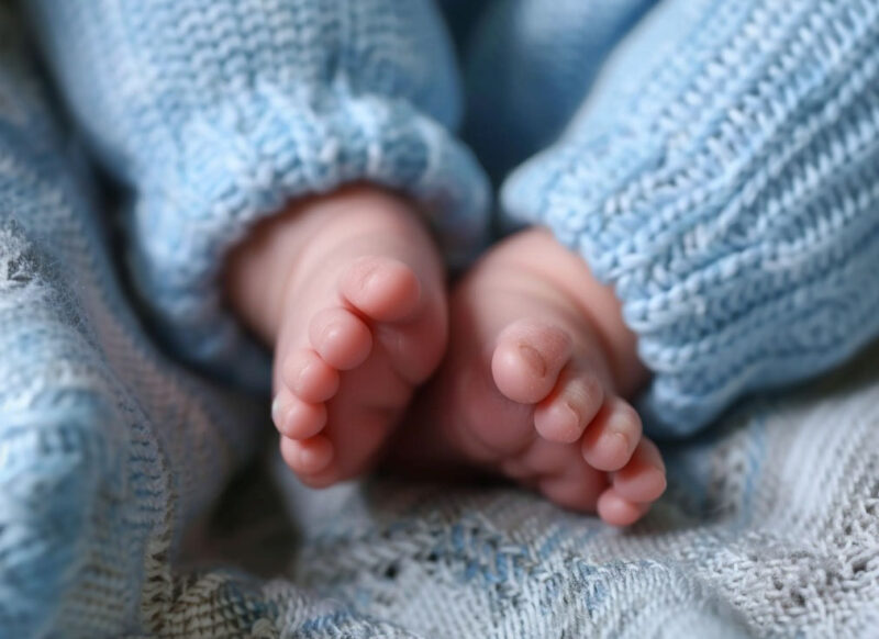 Baby feet on bed with blue knitted blanket