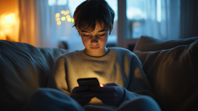 A Teenager Using a Smartphone While Sitting Alone on A Couch