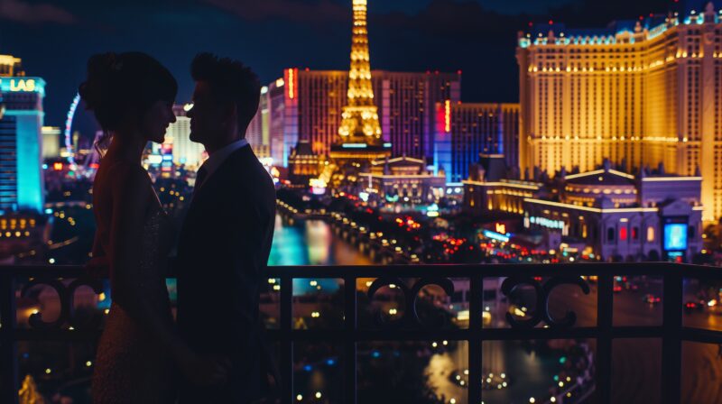 A Couple Stands on A Balcony in Las Vegas at Night