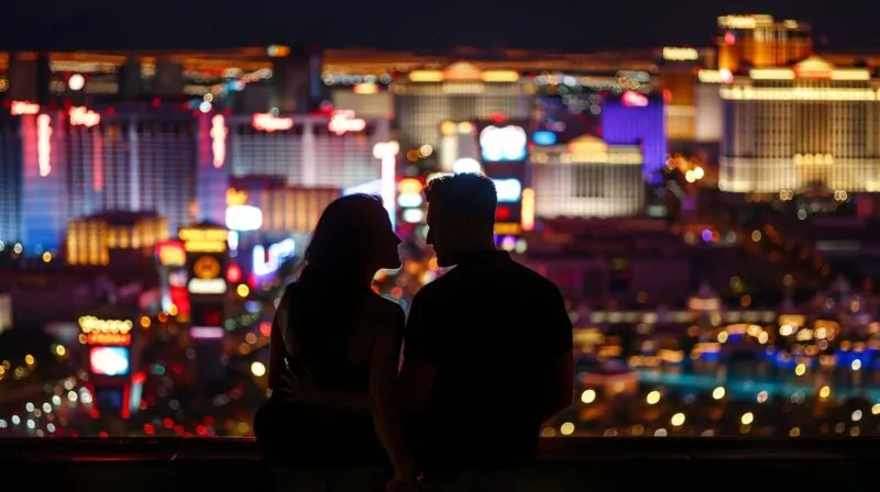 Couple holding hands and laughing with Las Vegas Panoramic view in front of them