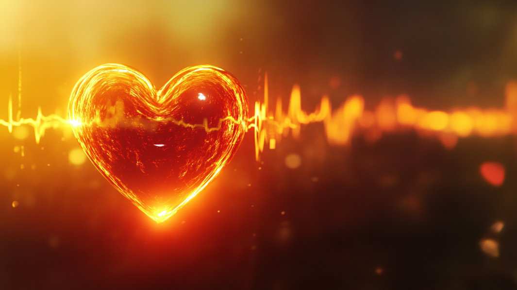 A Glowing Heart with Vibrant Orange and Yellow Tones, Set Against an Abstract Background with An Electrocardiogram Line, Symbolizing the Concept of Heart Rate Variability