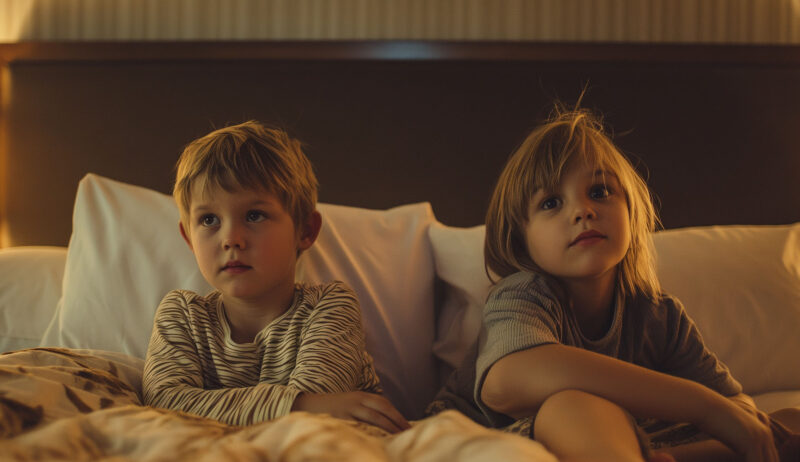 Brother and sister sitting on a bed in las vegas hotel room