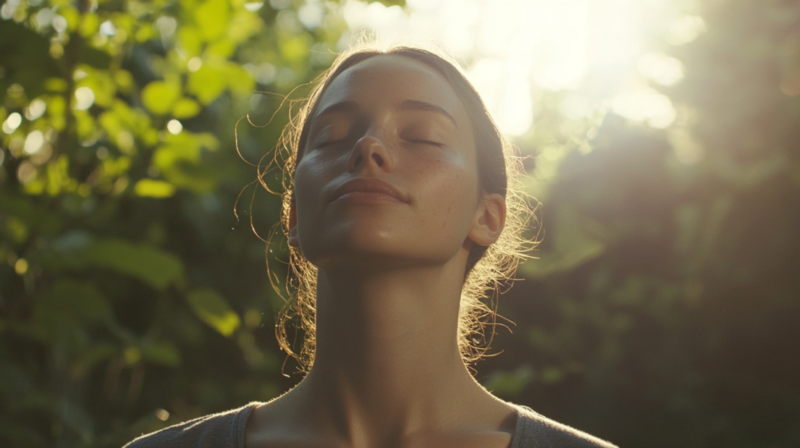 A Woman Taking a Deep Breath Outside in Nature