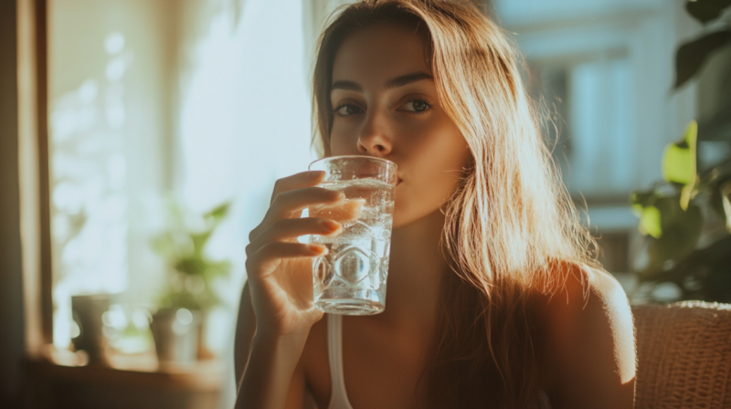 A Woman Drinking a Glass of Water in A Bright Room