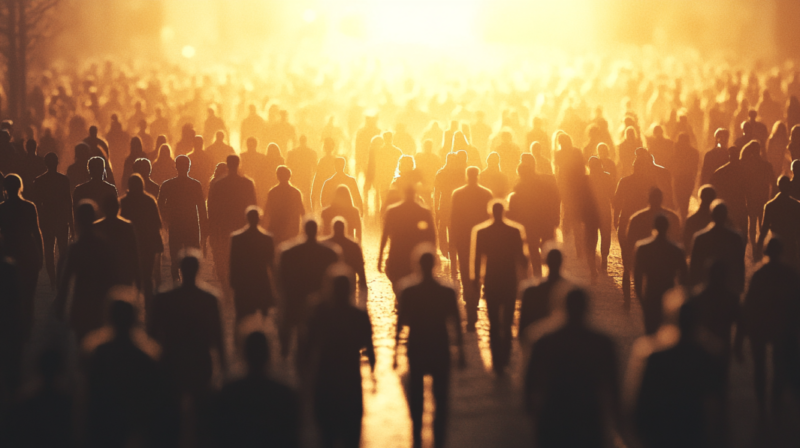 A Large Crowd of People Walking Towards a Bright Light, Symbolizing the Future and Collective Movement Towards Upcoming Changes or Projections in Illinois