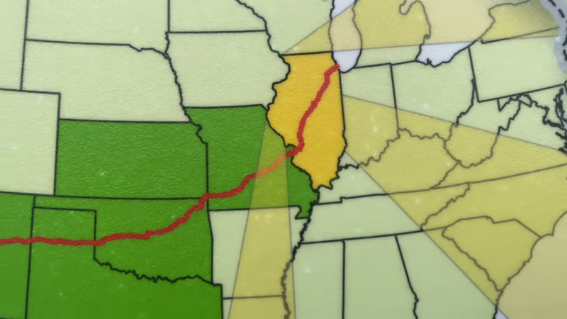 The Map Highlights Illinois in Yellow, Showing a Red Migration Route from Southwestern Green-Shaded States Through Illinois and Towards the Northeastern U.S