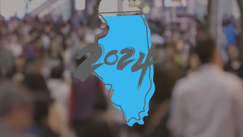 A Graphic Showing the Outline of Illinois with The Number "2024" Overlaid in Bold, Set Against a Blurred Background of A Crowded Public Space, Symbolizing the Population of Illinois in The Year 2024