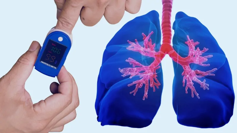 A Pulse Oximeter Being Used Next to An Illustration of Lungs to Highlight Ways to Boost Your Oxygen Levels