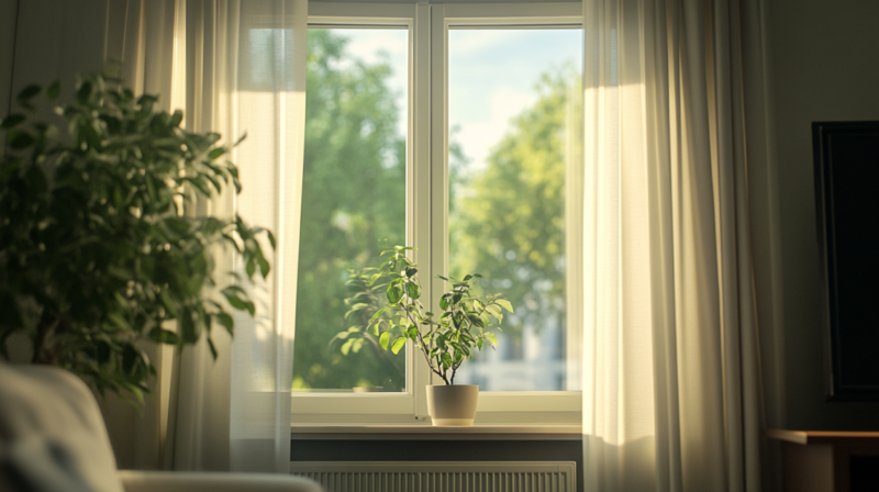 An Open Window with Sunlight and A Potted Plant Nearby