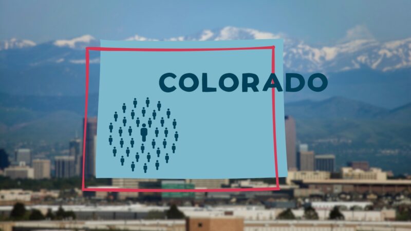 An Image Showing a Graphic Representation of Colorado's Population with The Word "colorado" and Icon Figures of People Against a Blurred Background of A Cityscape and Snow-Capped Mountains