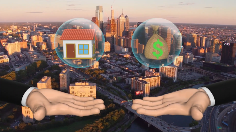 An Image Depicting a Cityscape of Philadelphia at Sunset, with Two Cartoonish Hands Extended, Each Holding a Bubble; One Containing a Small House Icon and The Other a Bag of Money Symbol, Representing Concepts of Housing and Finance