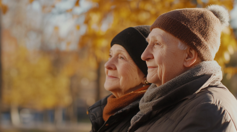 Elderly Couple Enjoying a Peaceful Autumn Day in A Park in Los Angeles