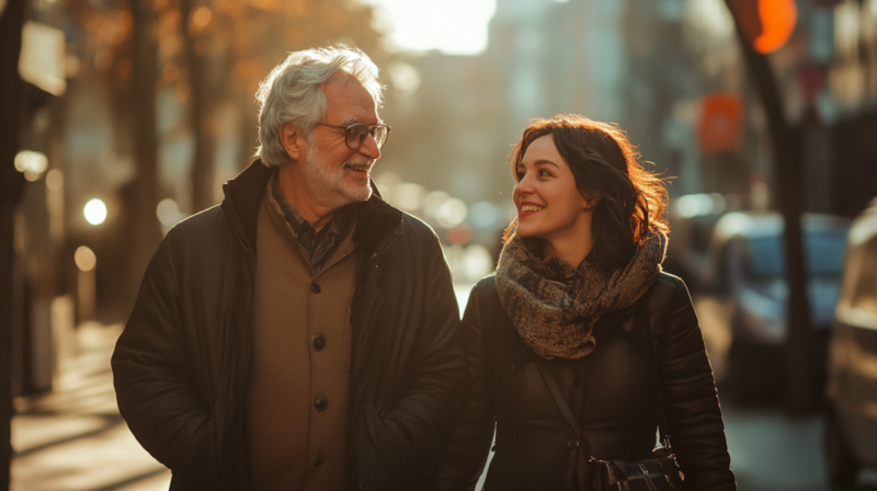 The Image Depicts an Older Man and A Younger Woman Walking Together on A City Street, Possibly Representing Different Generations in New York City