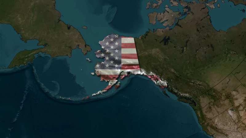 Satellite View of Alaska Overlaid with An American Flag, Highlighting Its Location and Size