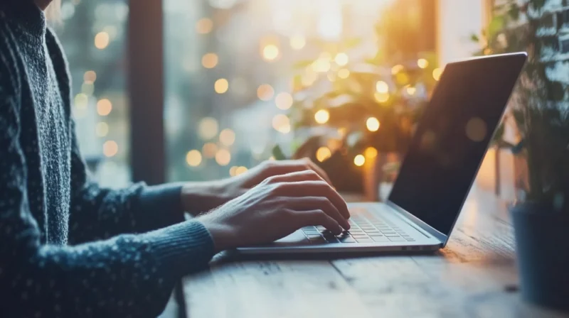 Person Typing on A Laptop with A Cozy, Dimly Lit Workspace in The Background, Representing Arizona's Unemployment Trends and Labor Force Participation Analysis