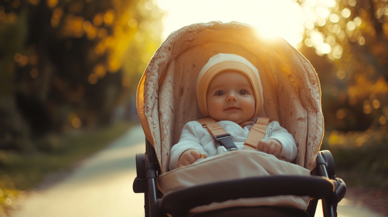 Baby in A Stroller Enjoying a Sunny Autumn Day in A Los Angeles Park