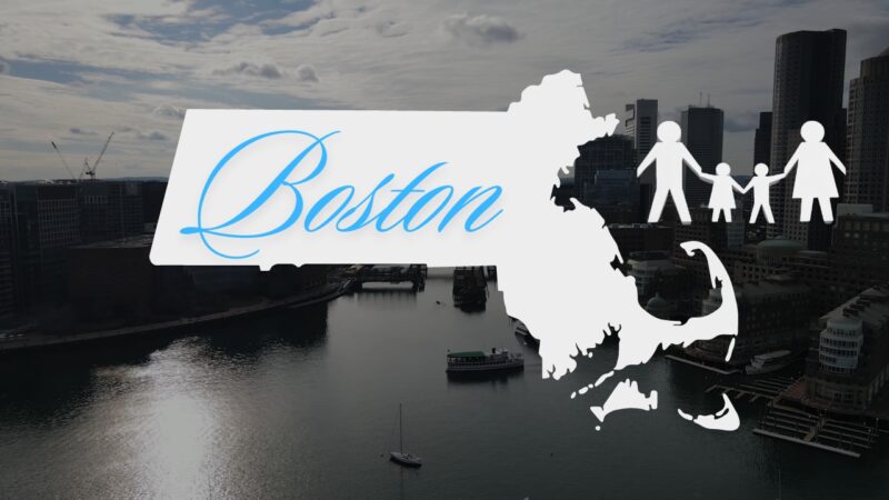 The Image Is a Creative Representation Highlighting the Boston Population in 2024, Featuring a Map Overlay and A Family Silhouette Against a Backdrop of The City's Skyline