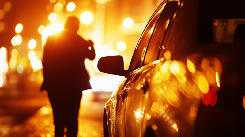 A Person Walks Near a Parked Car at Night, Representing a Comparison of Car Theft Crime Levels Between Mallorca and Valencia