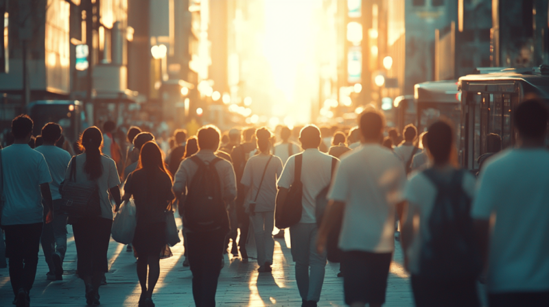 The Image Shows a Busy Street Filled with People Walking in A City During Sunset, with The Golden Sunlight Illuminating the Scene and Casting Long Shadows on The Ground, Suggesting an Urban Environment with Bustling Activity