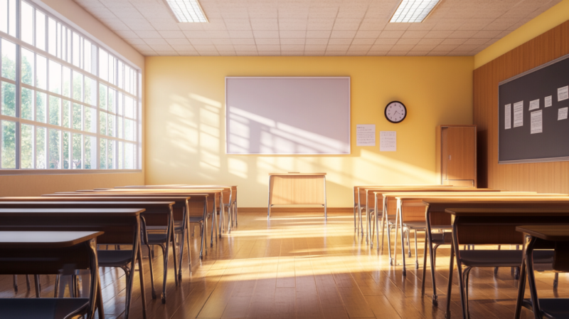 The Image Depicts a Bright, Clean Classroom with Rows of Wooden Desks, a Large Window Letting in Sunlight, and A Whiteboard at The Front of The Room with A Clock and Notices on The Wall, Suggesting an Organized Educational Environment