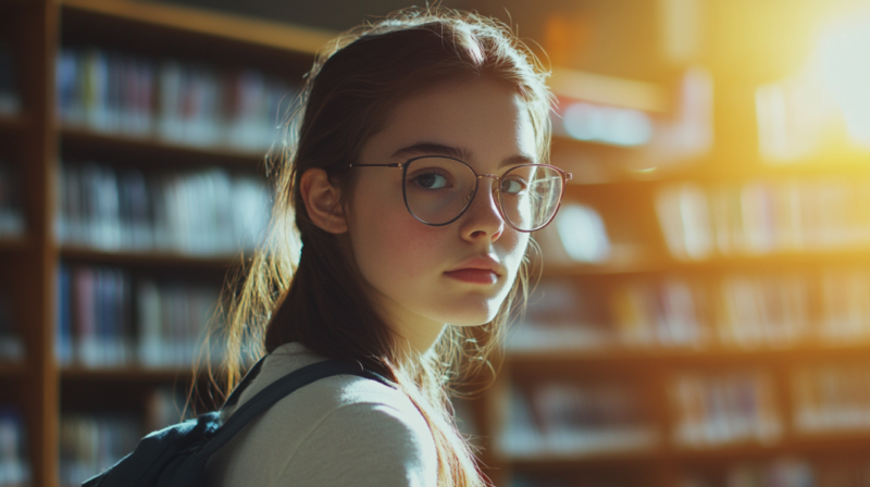 A Young Girl Wearing Glasses Looks Contemplatively in A Sunlit Library, Surrounded by Shelves of Books