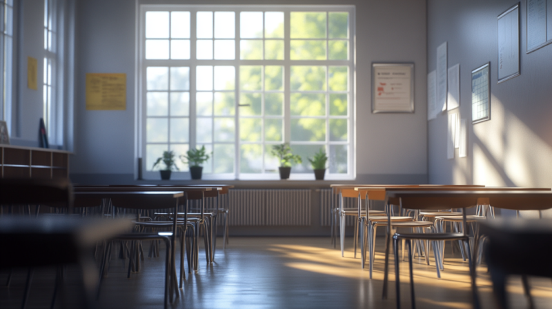  The Image Shows an Empty Classroom with Neatly Arranged Desks and Chairs, Large Windows Letting in Natural Light, and Plants on The Windowsill, Symbolizing a Calm and Organized Learning Environment in Michigan's Education System