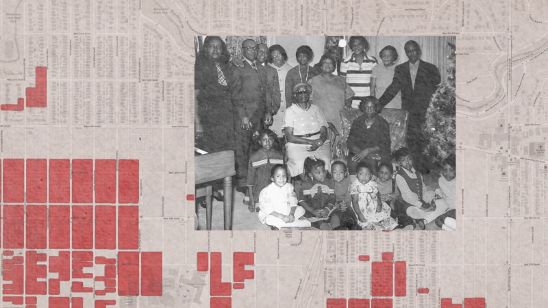 The Image Shows a Black-And-White Family Photograph of Several Adults and Children, Overlaid on A Map with Various Red-Colored Blocks, Possibly Indicating Demographic or Racial Distribution in A Particular Minneapolis Neighborhood