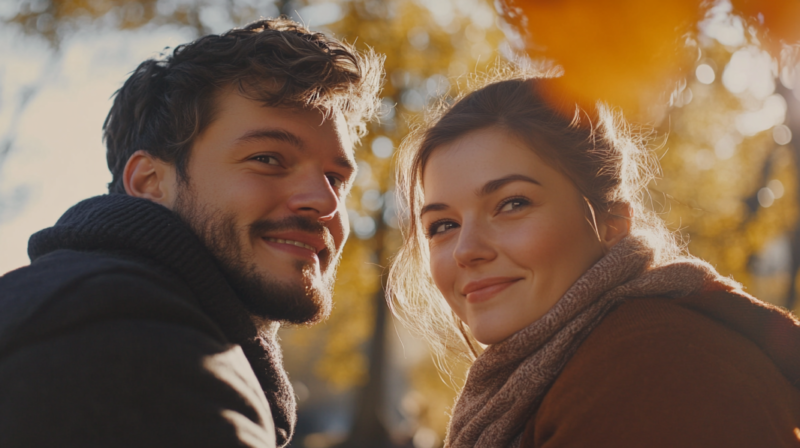 A Young Couple Smiling Warmly in A Sunlit Autumn Park, Representing the Diverse Age Groups Contributing to The Median Age in Iowa