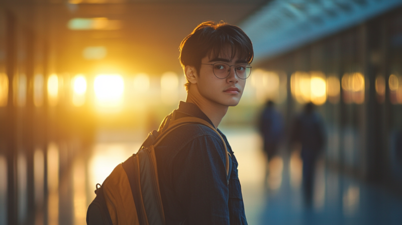 Young Student with Glasses and A Backpack Standing in A Sunlit Corridor, Symbolizing the Future Prospects Within Hawaii's Educational System