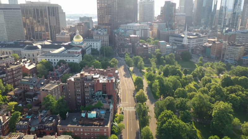 Aerial View of Downtown Boston Highlighting Residential Areas, Green Parks, and Prominent City Buildings