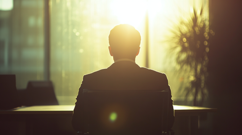 Silhouette of A Businessman Sitting in An Office at Sunrise, Representing the Active Participation in Iowa's Labor Force