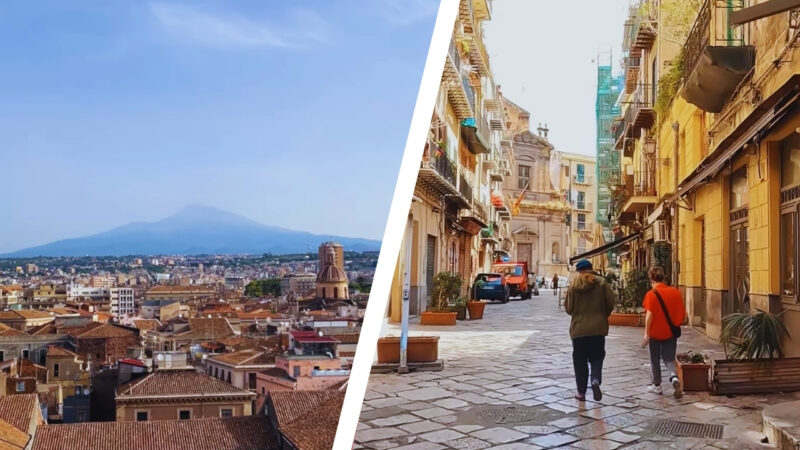 Split View of Catania with Mount Etna in The Background on The Left, and A Bustling Street Scene in Palermo on The Right