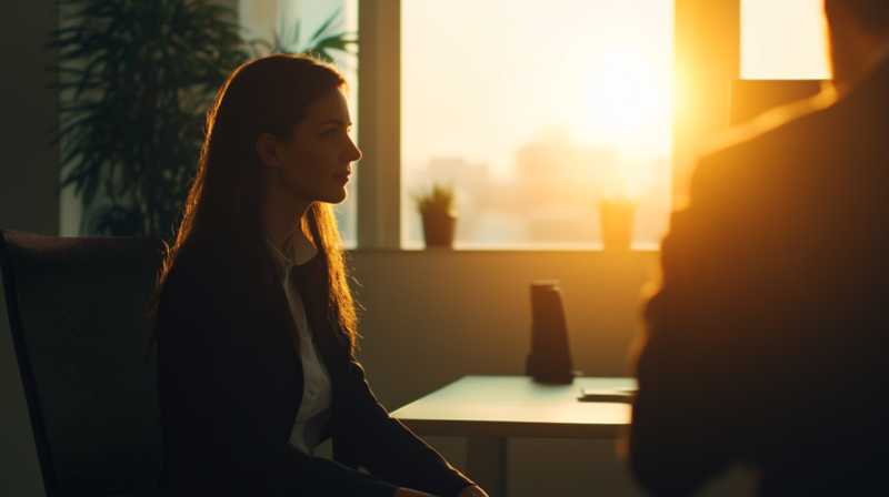 A Professional Woman in A Job Interview, Backlit by The Sunrise in An Office, Symbolizing New Job Opportunities and Growth in Iowa