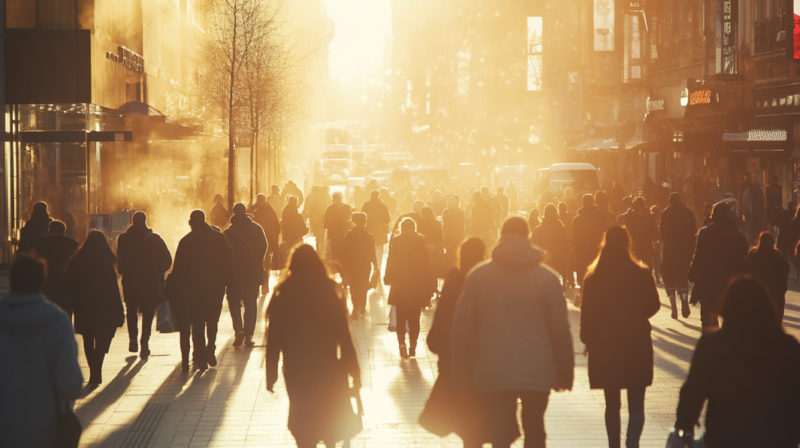 A Crowd of People Walking Down a Busy Street at Sunset, Illuminated by Warm Golden Light