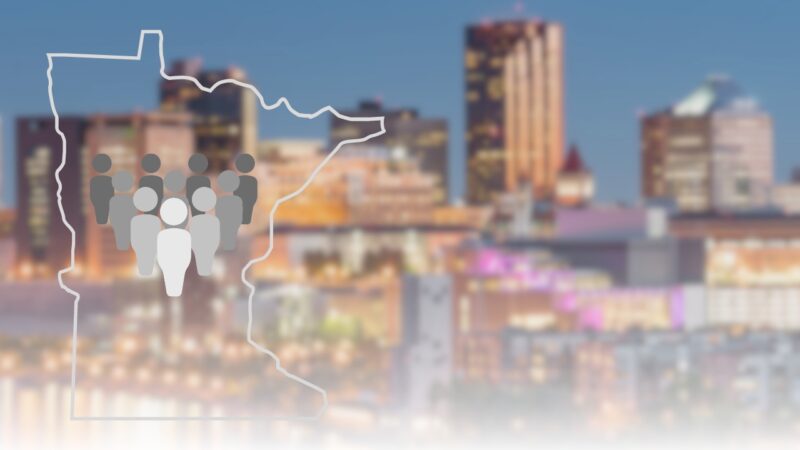 The Image Shows an Outline of The State of Minnesota with A Group of Icons Representing People Inside It, Set Against a Blurred Backdrop of A City Skyline, Symbolizing the Population of Minneapolis