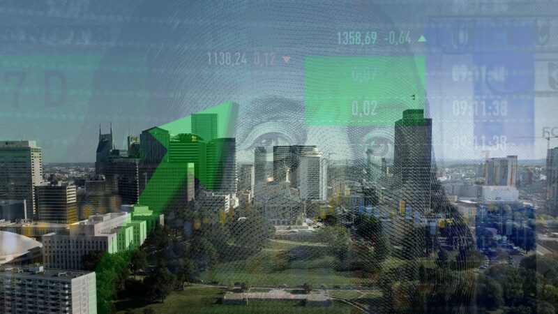 A View of Nashville's Skyline Overlaid with Financial Data and Currency Imagery, Symbolizing the City's Growing Business and Economic Landscape