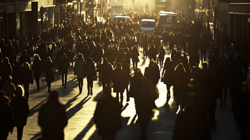 A large crowd of people walking down a busy city street in New Orleans 