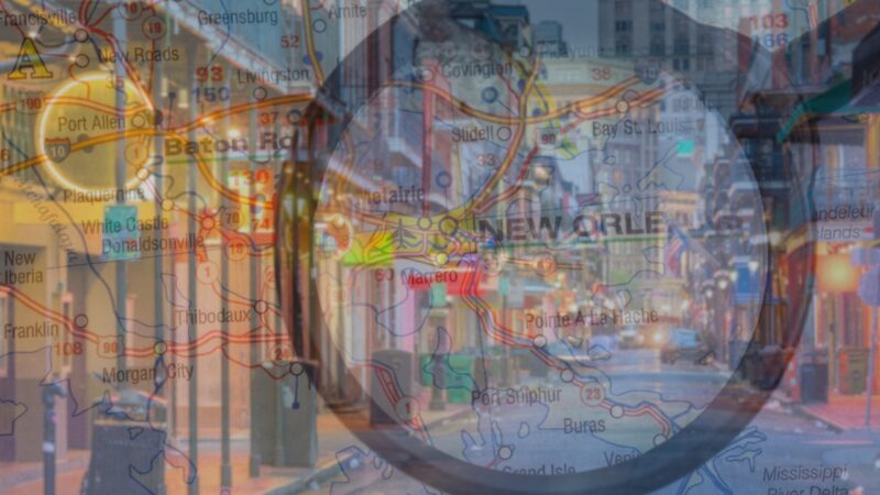 The Image Is a Composite of A Map of Southern Louisiana, Highlighting Cities Like Baton Rouge and New Orleans, Overlaid with A Street Scene from New Orleans, Featuring a Magnifying Glass Zooming in On the Words "New Orleans" on The Map