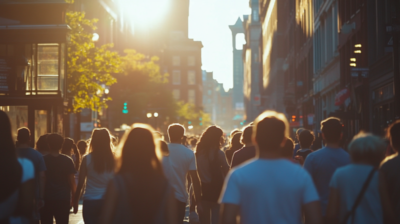 A Busy City Street in Boston During Sunset, Crowded with People Walking, Highlighted by The Golden Sunlight Streaming Through the Buildings