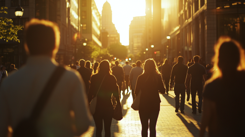 Busy Urban Street in Boston During Sunset with Many People Walking, Capturing the Bustling City Life