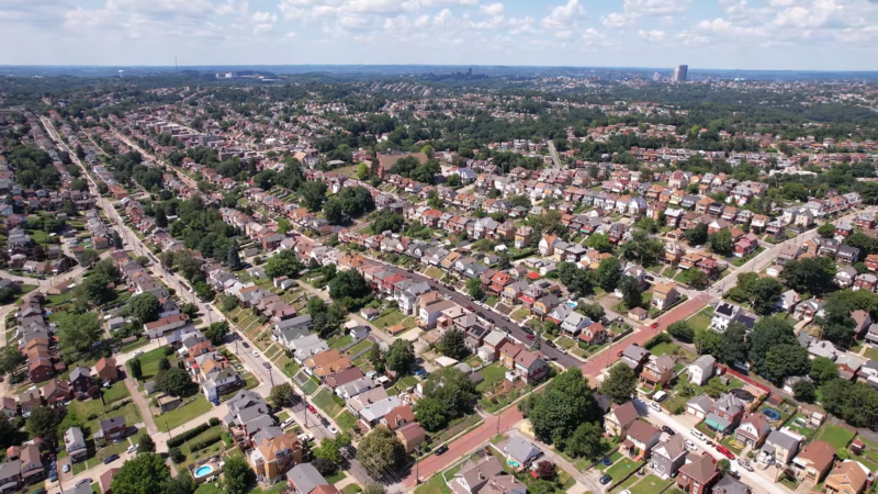 Aerial View of A Dense, Suburban Neighborhood in Pittsburgh Showing Residential Streets and Houses