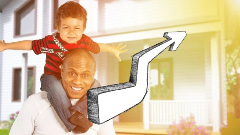 The Image Shows a Smiling Man Carrying a Young Child on His Shoulders in Front of A Suburban House, with A White Arrow Pointing Upwards, Symbolizing Growth or Improvement