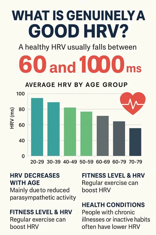 Infographic explaining what a good Heart Rate Variability (HRV) is, showing that a healthy HRV usually ranges between 60 and 100 milliseconds. Includes a bar chart of average HRV by age group (20–79 years) and key notes that HRV decreases with age, improves with regular exercise, and is lower in people with chronic illnesses or inactive lifestyles.