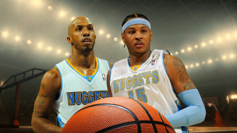 Carmelo Anthony and Chauncey Billups Stand Together in Their Denver Nuggets Jerseys During the 2008-2009 Era