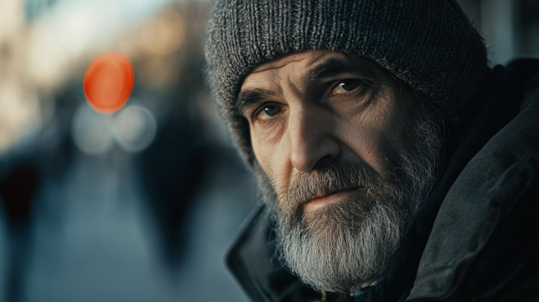 A Solemn Man with A Gray Beard and Beanie, Symbolizing the Challenges Faced by Individuals in Cities with The Highest Homeless Population in The US