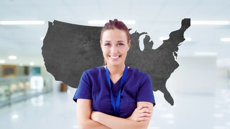 A Nurse Smiling in Front of A U.S. Map, Representing the States with The Highest Demand for Registered Nurses in 2024