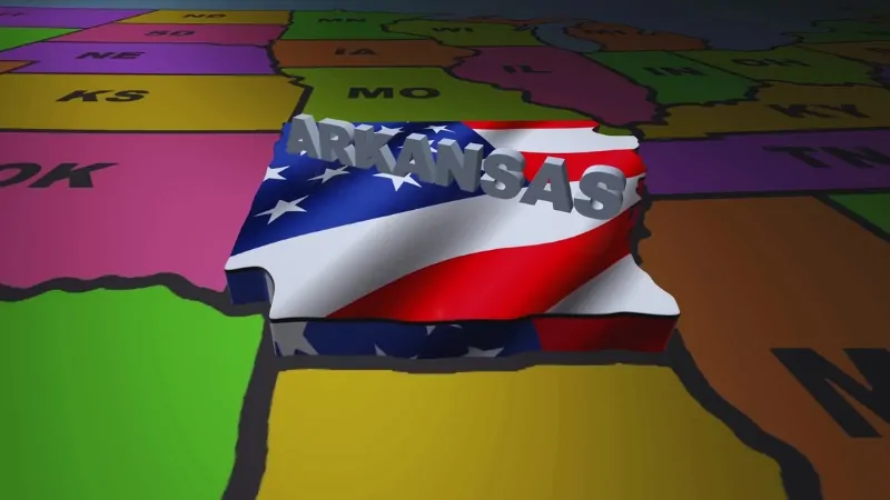 Map Highlighting Arkansas with A Flag Design and Text About Arkansas Population