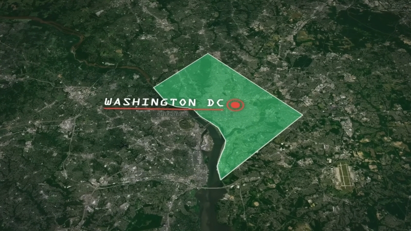 Map Highlighting Washington DC with A Label Indicating "Washington DC Population" at Its Center