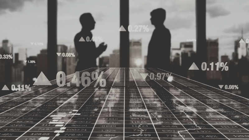 Two People in Conversation with Financial Data and Growth Percentages Overlaid